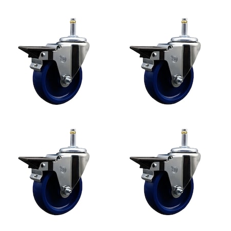 Service Caster 4'' Solid Poly Swivel 7/16'' Grip Ring Stem Caster Set with Brake, 4PK SCC-GR20S414-SPUS-PLB-716138-4